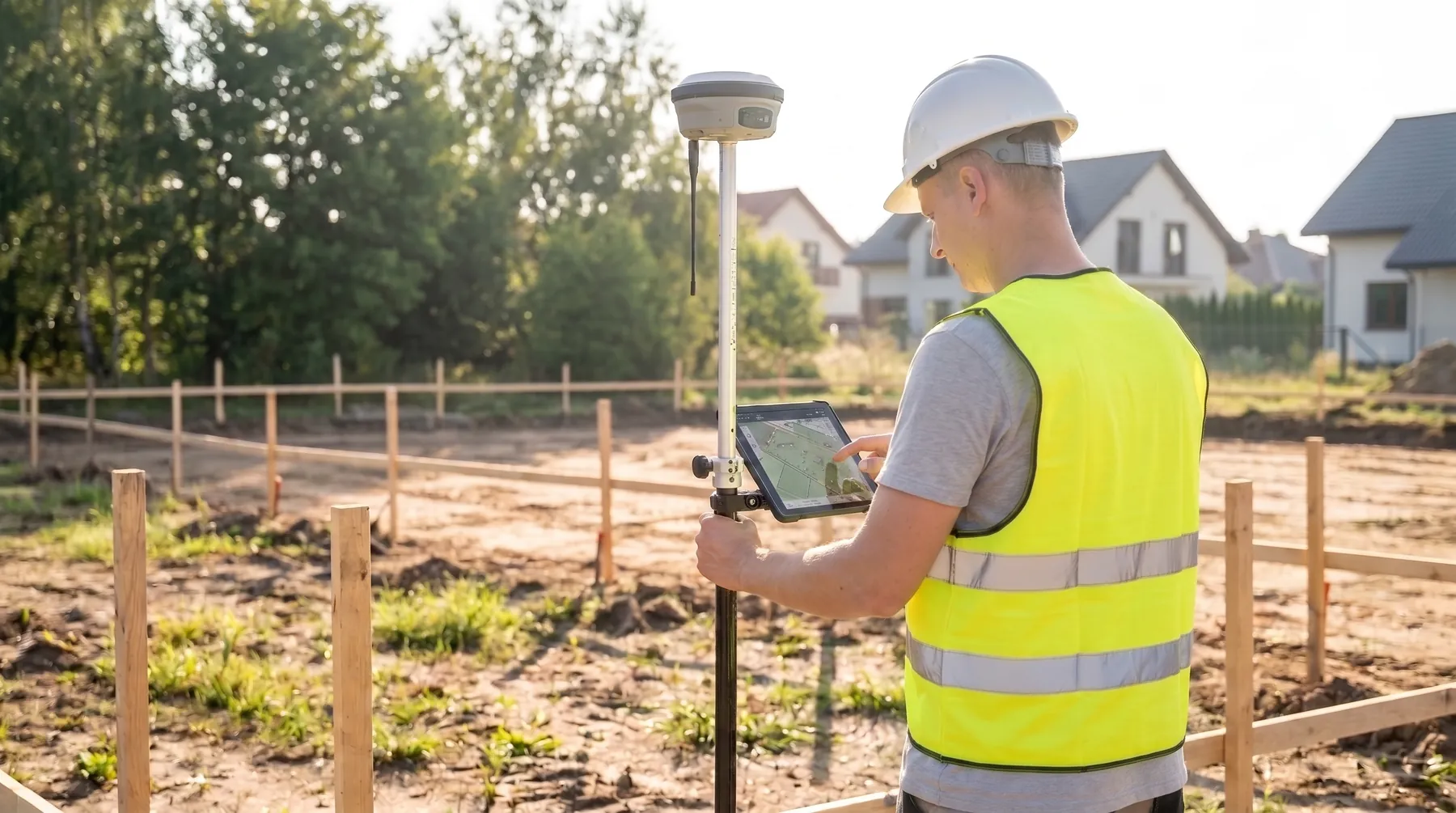 Geodeta z odbiornikiem GNSS podczas prac terenowych